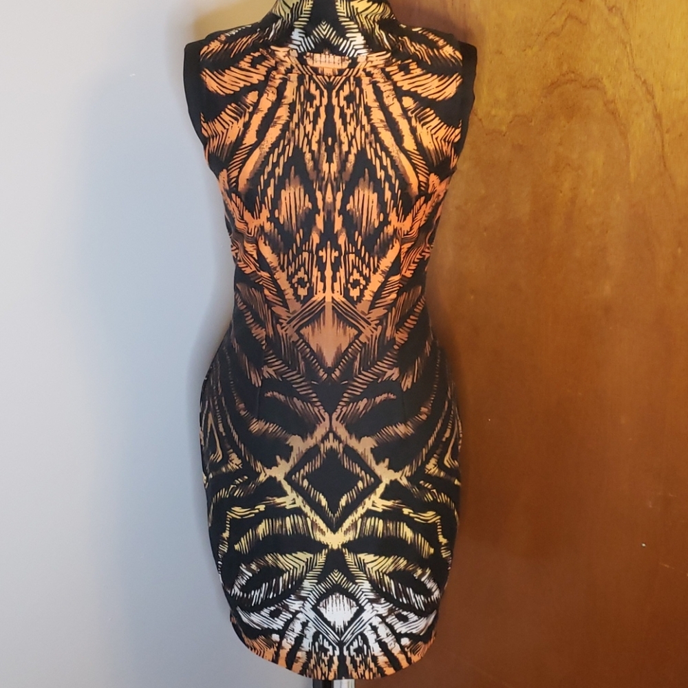 Orange and black print dress